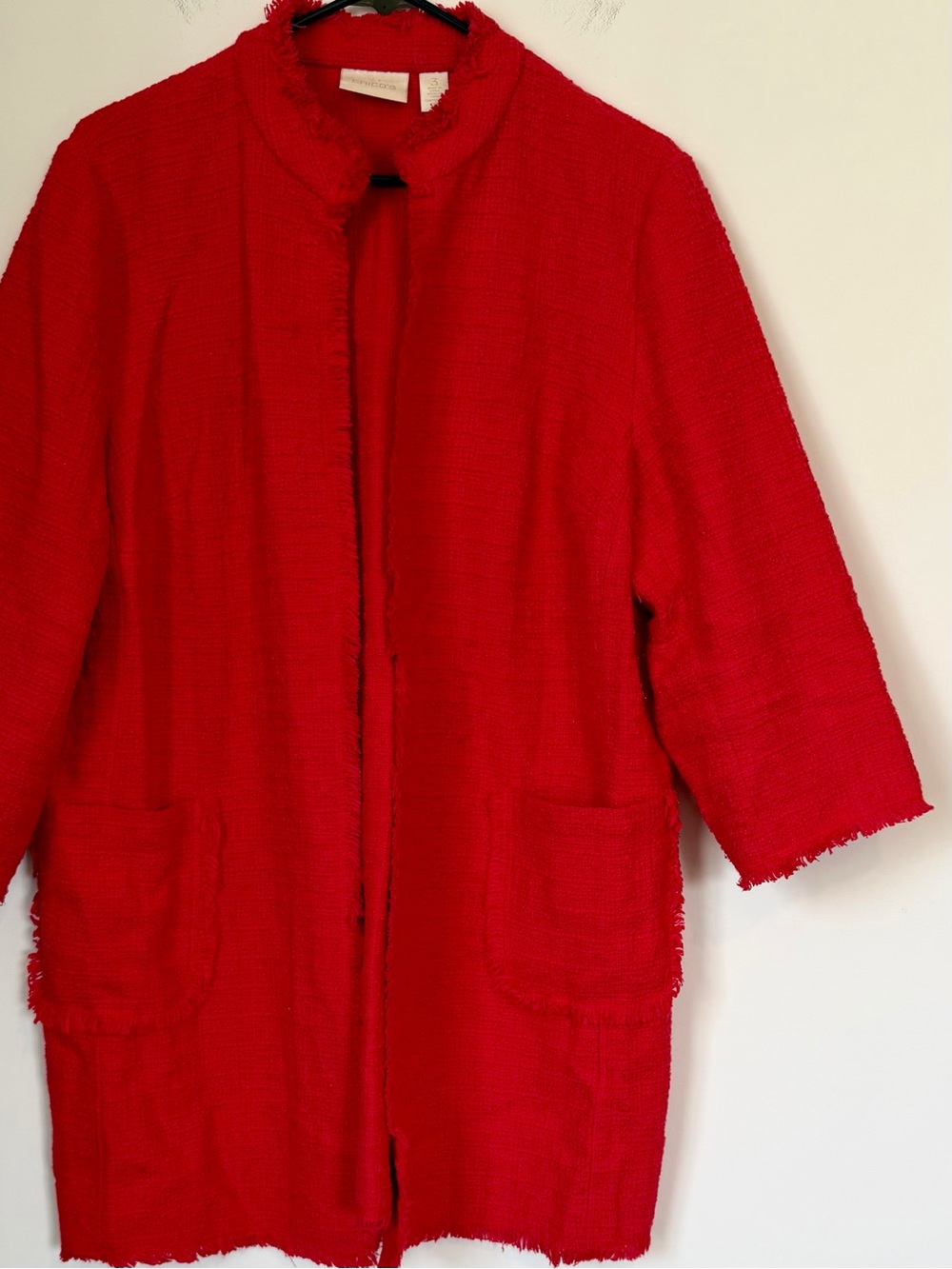 Chico's Red Tweed Textured Open Jacket - Size: XL(3) - Picture 4 of 7